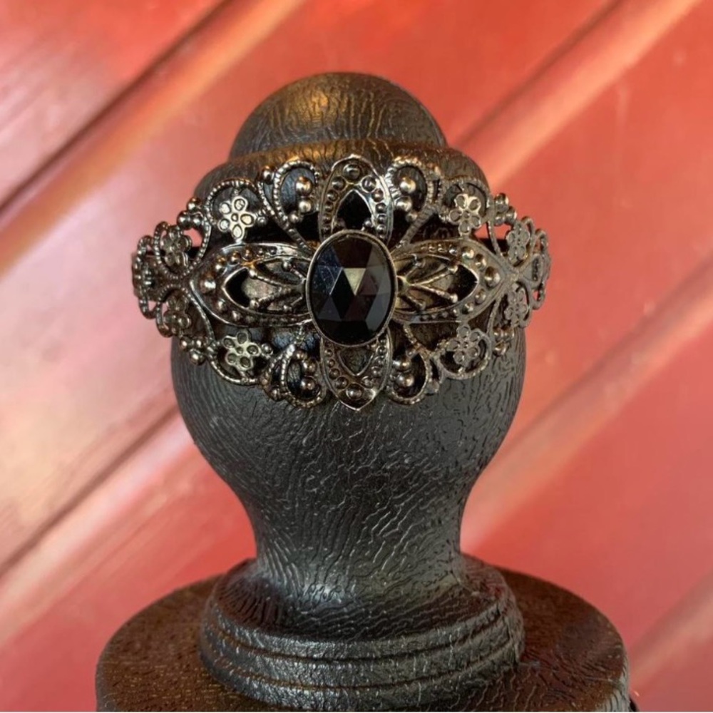 Y2K Gothic Black Crystal Filigree Cuff Bracelet